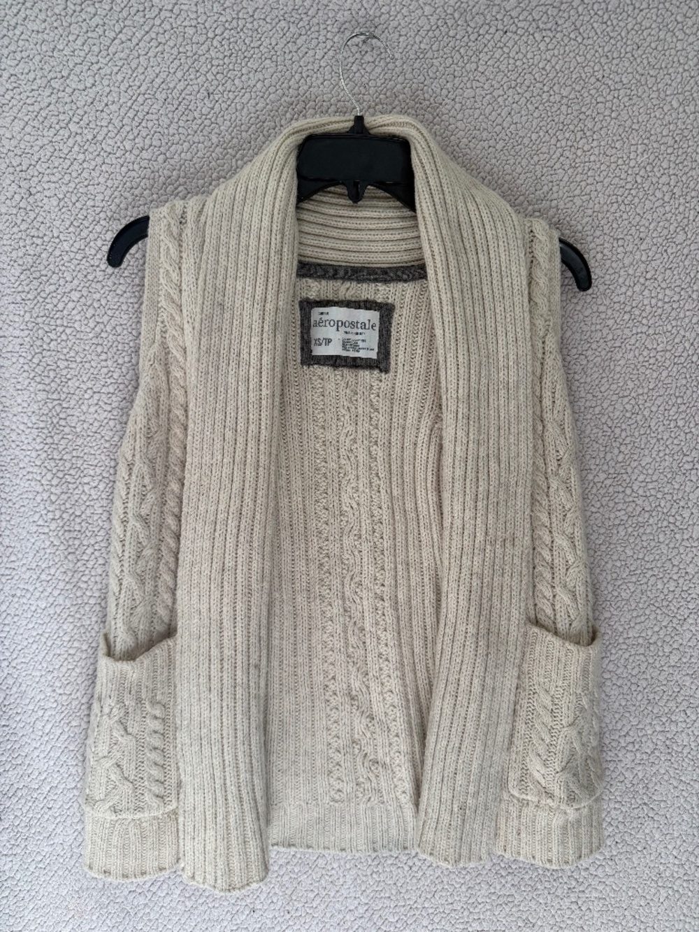 Aeropostale Cable Knit Shawl Collar Cardigan Vest Cream Wool Blend XS